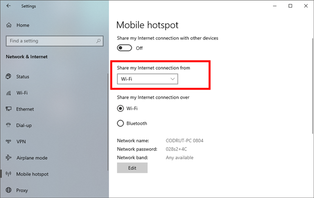 La lista de conexiones a Internet disponibles para el hotspot de Windows 10