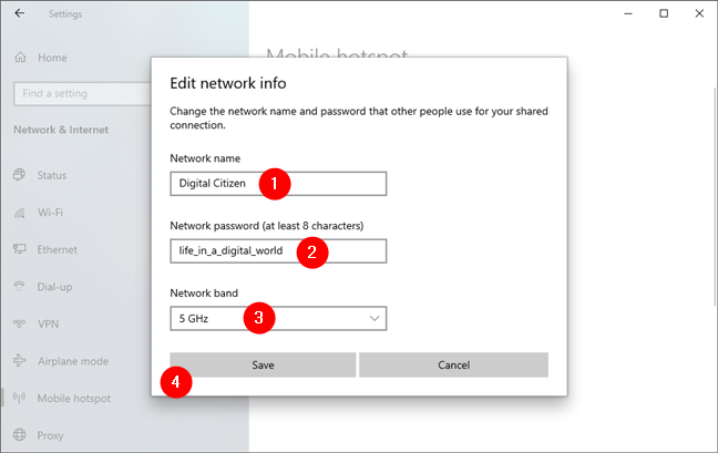 La configuración del punto de acceso personal de Windows 10