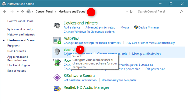 Haga clic en Sonido en la sección Hardware y sonido del Panel de control.
