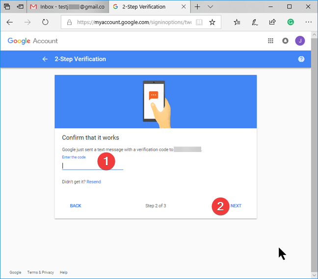 Ingrese el código de seguridad para la verificación en dos pasos de Google