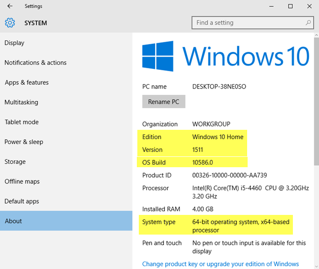 La versión de Windows 10, la compilación del sistema operativo, la edición y el tipo