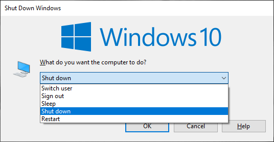 Apague o reinicie Windows 10 desde la ventana de diálogo Apagar Windows