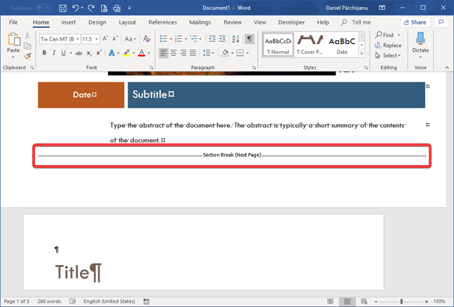Salto de sección (página siguiente) en Microsoft Word