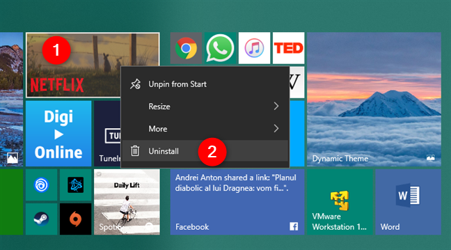 Desinstalar una aplicación usando el menú Inicio de Windows 10