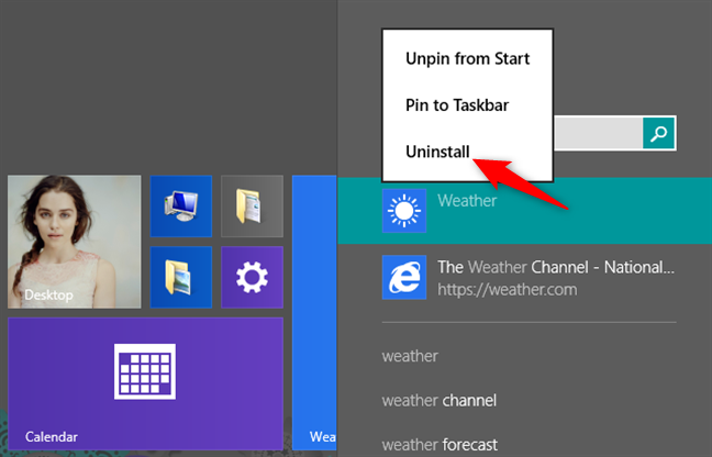 Usar la búsqueda para encontrar y desinstalar una aplicación de Windows 8.1