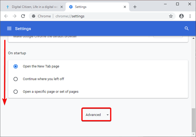 Abra la configuración avanzada en Google Chrome