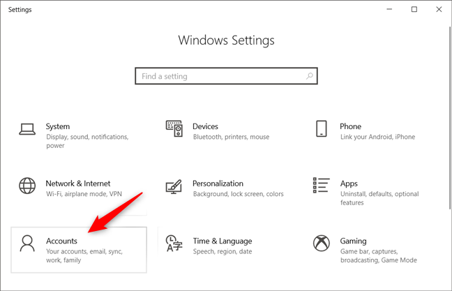 La categoría Cuentas de la configuración de Windows 10